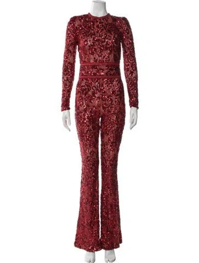 Pre-owned Nadine Merabi Patterned Crew Neck Jumpsuit In Red