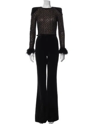 Pre-owned Nadine Merabi Patterned Crew Neck Jumpsuit W/ Tags In Black