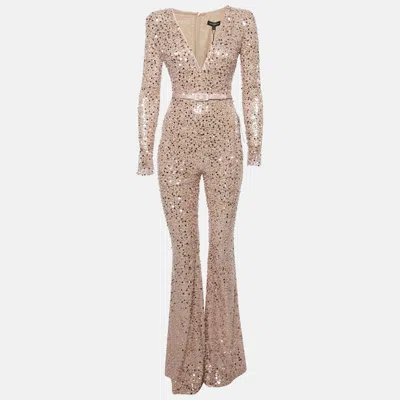 Pre-owned Nadine Merabi Pink Sequin And Beads Embroidered Tulle Eliza Jumpsuit S