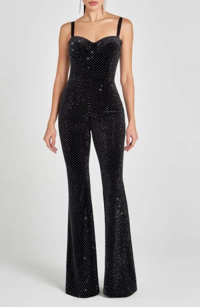 Nadine Merabi Roxanne Crystal Velvet Flare Leg Jumpsuit In Black