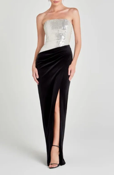 Nadine Merabi Samantha Mixed Media Strapless Column Gown In Black