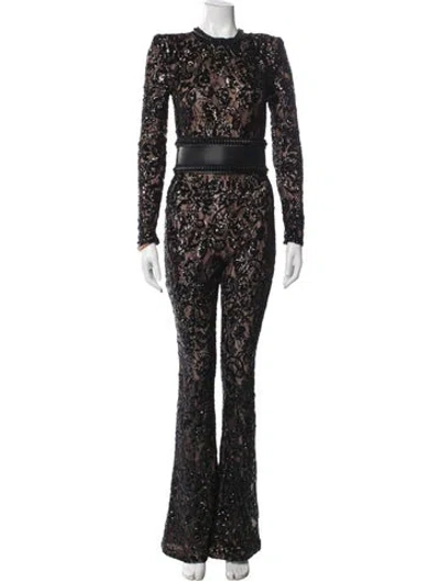 Pre-owned Nadine Merabi Sequin Lace Pattern Jumpsuit W/ Tags In Black