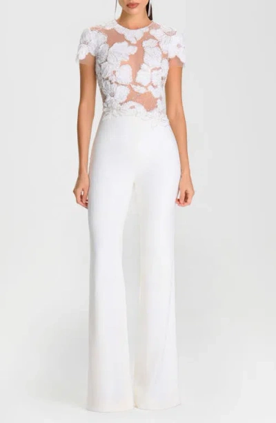 Nadine Merabi Sloane Beaded Floral Appliqué Wide Leg Cocktail Jumpsuit In White
