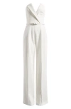Nadine Merabi Vanessa Strapless Belted Crepe Flare Jumpsuit In White