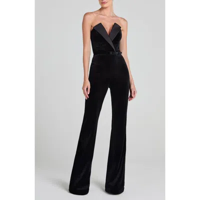 Nadine Merabi Vanessa Strapless Belted Velvet Flare Jumpsuit In Black