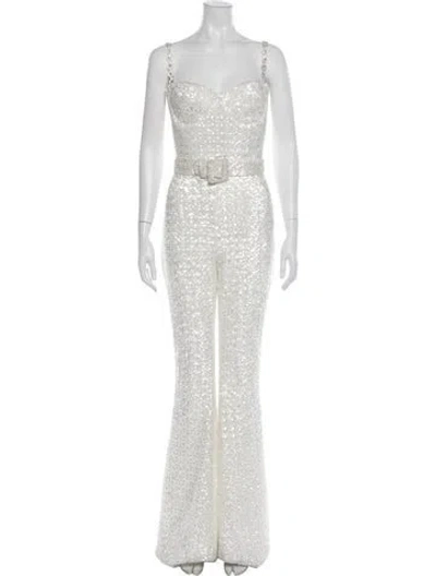 Pre-owned Nadine Merabi V-neck Jumpsuit In White
