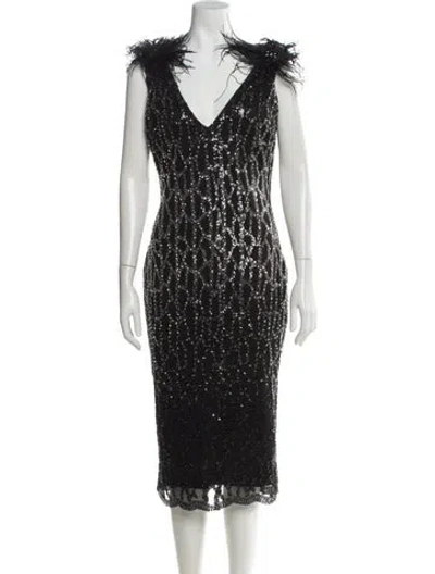 Pre-owned Nadine Merabi V-neck Midi Length Dress In Black