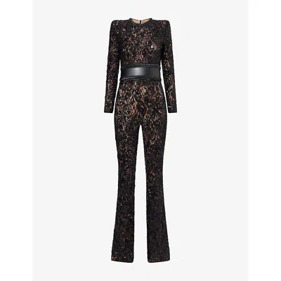 Nadine Merabi Womens Black Bella Belted Sequinned Jumpsuit