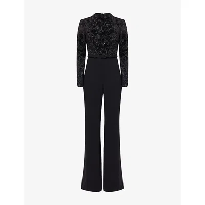 Nadine Merabi Womens Black Eleanor Floral Velvet Jumpsuit