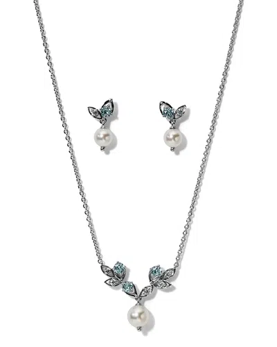 Nadri Adorn Imitation Pearl Vine Lariat Necklace & Drop Earrings Set In Silver