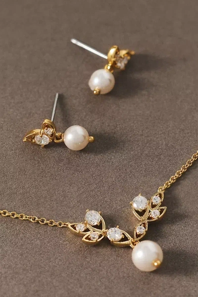 Nadri Adorn Pearl Vine Earrings And Necklace Set In Gold