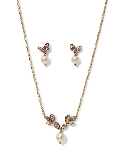 Nadri Adorn Pink Pearl Vine Lariat Necklace & Drop Earrings Set In Gold