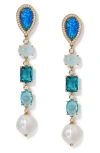 Nadri Blue Lagoon Mixed Stone Linear Drop Earrings In 18k Gold Plated