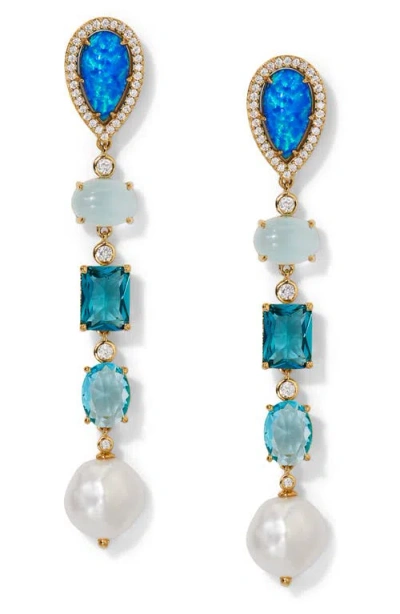 NADRI NADRI BLUE LAGOON CUBIC ZIRCONIA & FRESHWATER PEARL LINEAR DROP EARRINGS