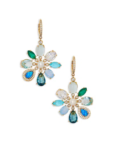 Nadri Blue Lagoon Mixed Stone Flower Drop Earrings In 18k Gold Plated