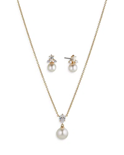 Nadri Bridesmaids Cubic Zirconia & Imitation Pearl Drop Earrings & Pendant Necklace Set In Gold