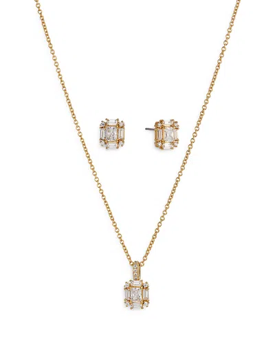 Nadri Bridesmaids Emerald Shape Cubic Zirconia Halo Stud Earrings & Pendant Necklace Set In Gold