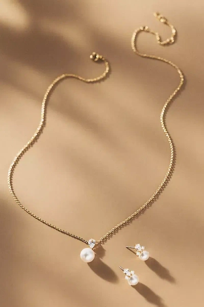 Nadri Bridesmaids Pearl Pendant Necklace & Earrings Set In Gold