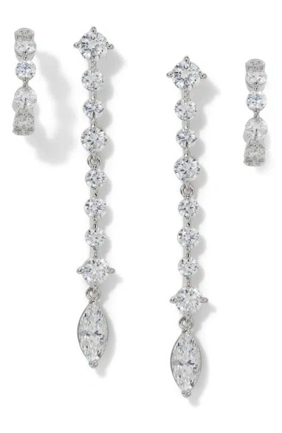 Nadri Cassi Set Of 2 Huggie Hoops & Linear Drop Earrings In Rhodium