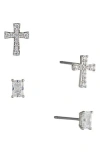 Nadri Cross & Baguette Cut Stud Earrings Set In Silver