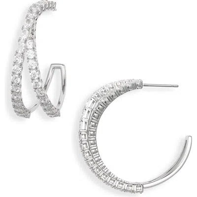 Nadri Cross Cz Hoop Earrings In Rhodium