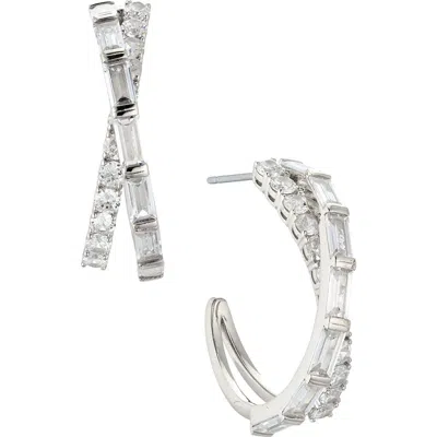 Nadri Crossover Cubic Zirconia Hoop Earrings In Rhodium