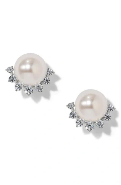 Nadri Cubic Zirconia & Faux Pearl Stud Earrings In Metallic