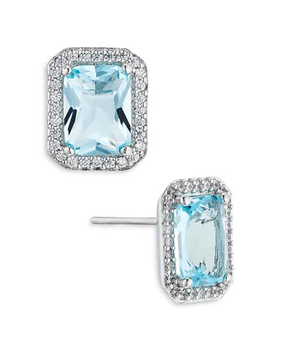 Nadri Emerald Cut Halo Stud Earrings In Aqua/silver