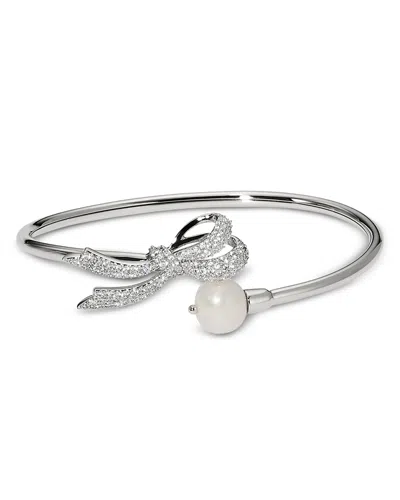 Nadri Eros Pave Bow & Pearl Flex Cuff Bracelet In Silver