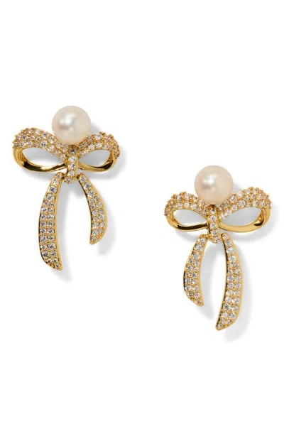 Nadri Eros Small Bow Faux Pearl Stud Earrings In Gold
