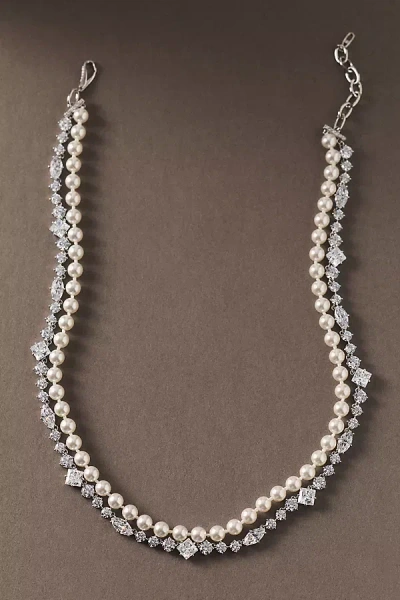 Nadri Freshwater Pearl And Cubic Zirconia Layered Choker Necklace In Silver