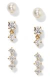 Nadri Cubic Zirconia & Imitation Pearl Earrings In 18k Gold Plated, Set Of 3 In Gold
