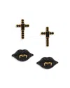Nadri Haunt Couture Black Crystal Cross & Vampire Lips Stud Earrings In 18k Gold Plated, Set Of 2 In Black/gold