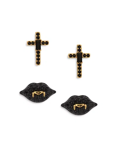 Nadri Haunt Couture Black Crystal Cross & Vampire Lips Stud Earrings In 18k Gold Plated, Set Of 2 In Black/gold