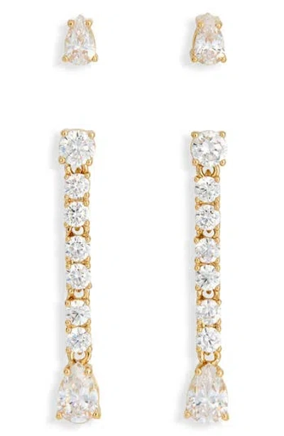 Nadri Loveall Set Of 2 Cubic Zirconia Stud & Linear Drop Earrings In Gold