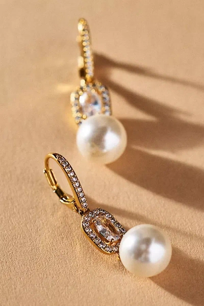 Nadri Oval Crystal Halo Pearl Drop Earrings In Gold
