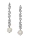 Nadri Sav Cubic Zirconia Cluster & Cultured Freshwater Pearl Linear Drop Earrings In Rhodium Plated In Silver