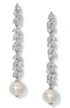 Nadri Sav Cubic Zirconia Cluster & Cultured Freshwater Pearl Linear Drop Earrings In Rhodium Plated In Rhodium