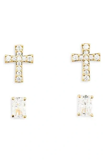 Nadri Set Of 2 Cubic Zirconia Cross & Stud Earrings In Gold