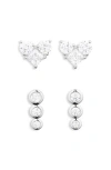 Nadri Set Of 2 Cubic Zirconia Heart & Linear Stud Earrings In Rhodium
