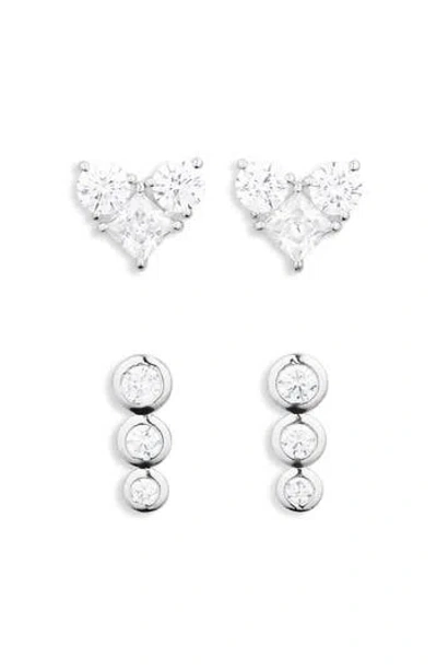 Nadri Set Of 2 Cubic Zirconia Heart & Linear Stud Earrings In Metallic