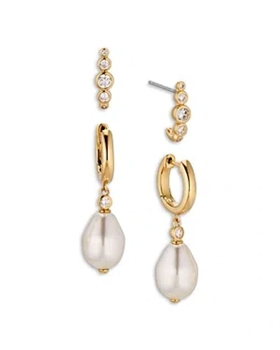 Nadri Siren Cubic Zirconia & Imitation Pearl Charm Hoop Earrings In 18k Gold Plated, Set Of 2 In White/gold