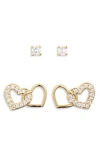 Nadri Sweethearts Set Of 2 Cubic Zirconia Round & Heart Stud Earrings In Gold