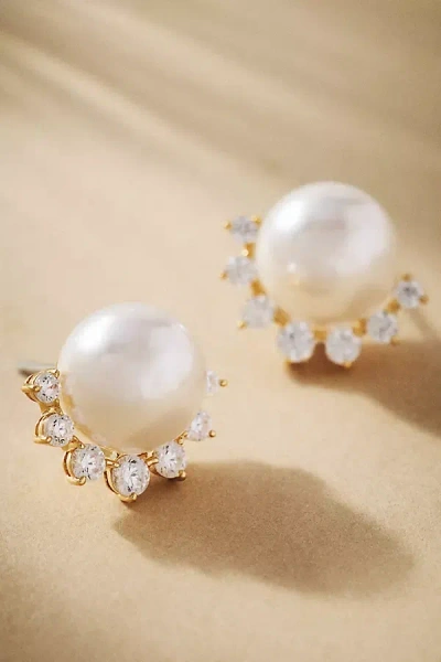 Nadri Venus Pearl Climber Stud Earrings In Gold