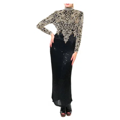 Pre-owned Naeem Khan 1980s  Black & Gold Beaded Silk Cut Out Back Long Sleeve Gown