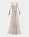 Naeem Khan Abstract Beaded Long-sleeve Illusion Gown In Neutral
