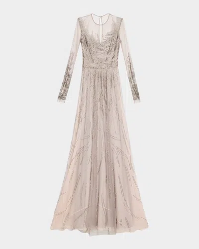 Naeem Khan Abstract Beaded Long-sleeve Illusion Gown In Gray
