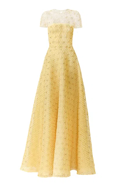 Naeem Khan Abstract Cording Lace Gown In Yellow