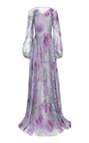 Naeem Khan Abstract Patterned Blouson Sleeve Tulle Dress In Purple
