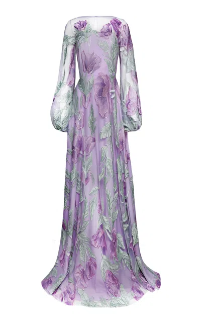 Naeem Khan Abstract Patterned Blouson Sleeve Tulle Dress In Purple